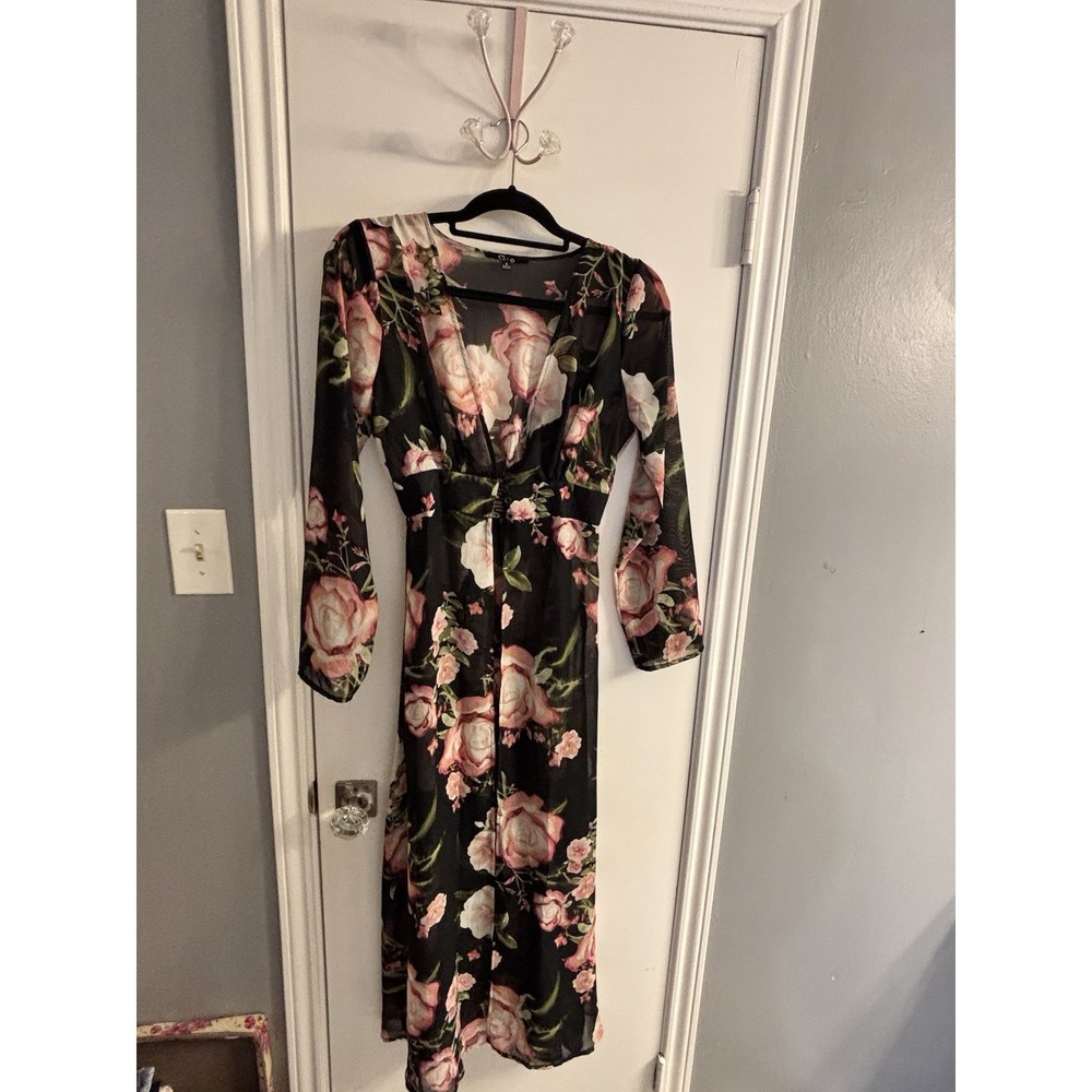 Cleo Floral Sheer Duster Womens Small Longline Kimono Cardigan Cover Up